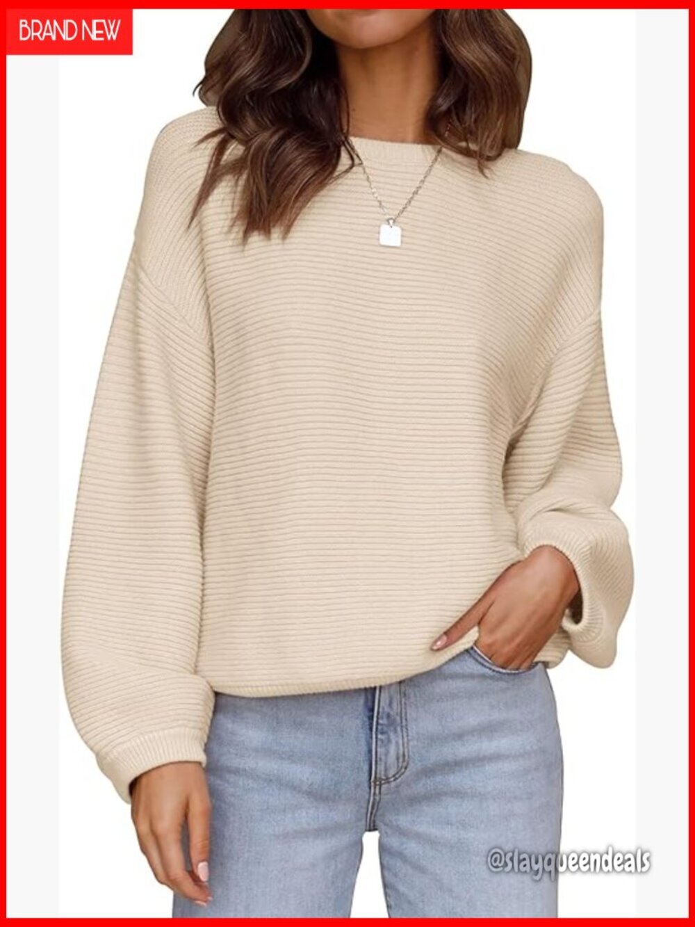 Long Sleeve Pullover Sweater Lantern Sleeves Ribbed Knit Loose Fit Crew Neck